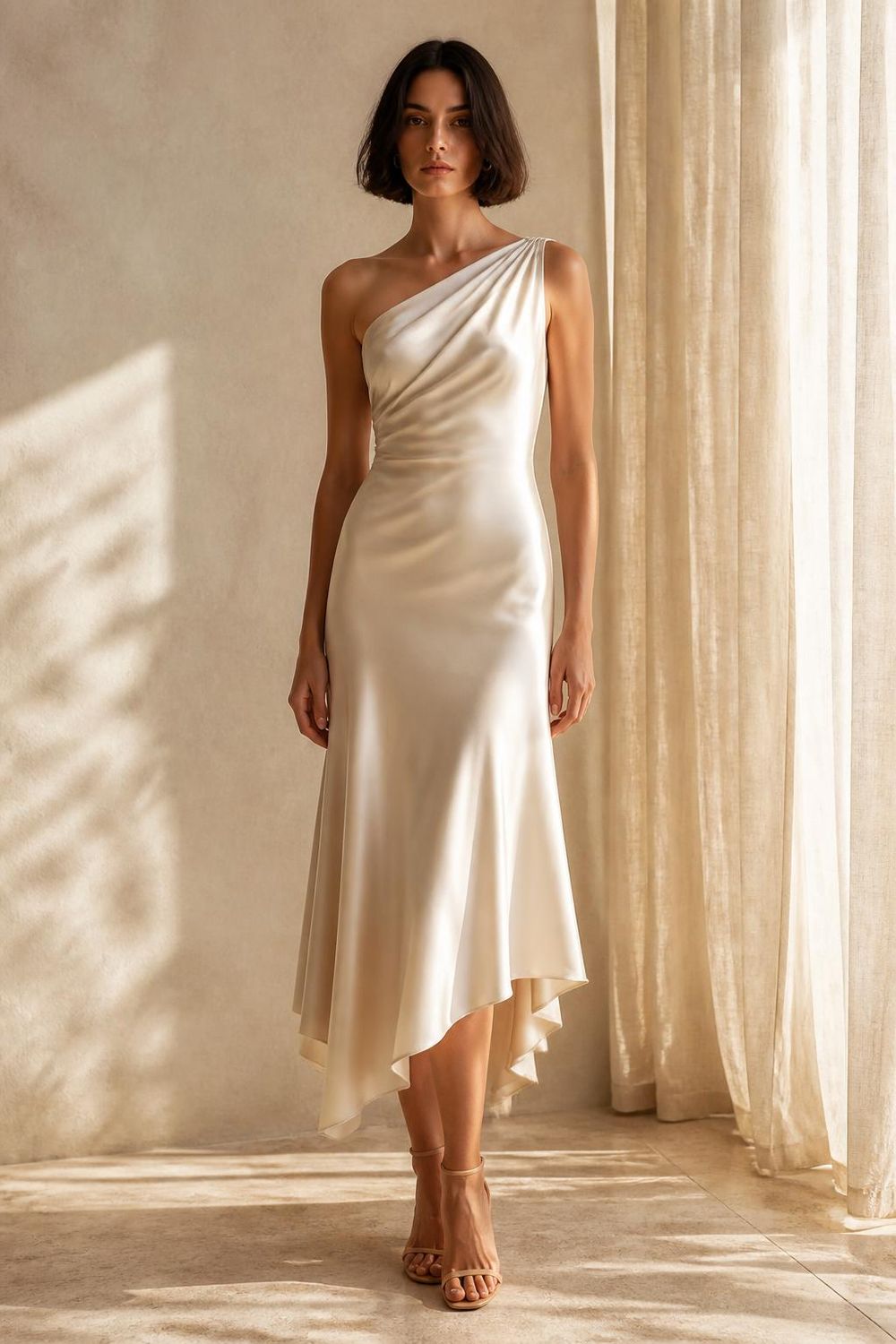 The Aria One-Shoulder Midi in Cream — Front — gathered one-shoulder drape. Washable mulberry silk dress by Scarlett Adele, designed in Australia and Los Angeles.