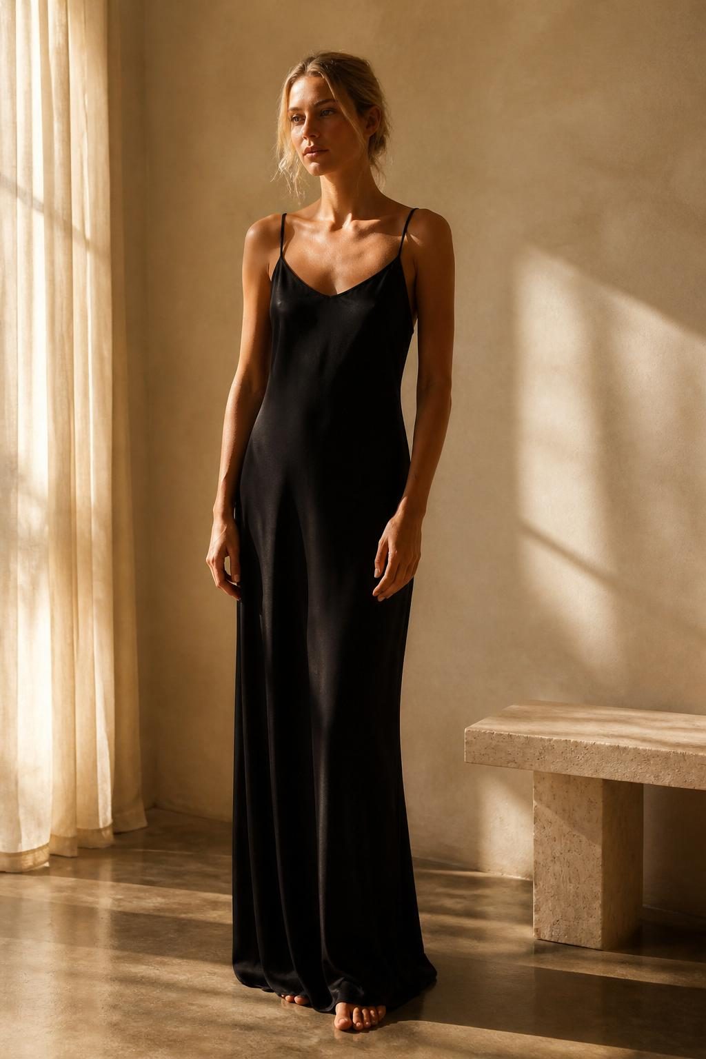 The Nightfall Gown in Onyx — washable silk dress by Scarlett Adele.