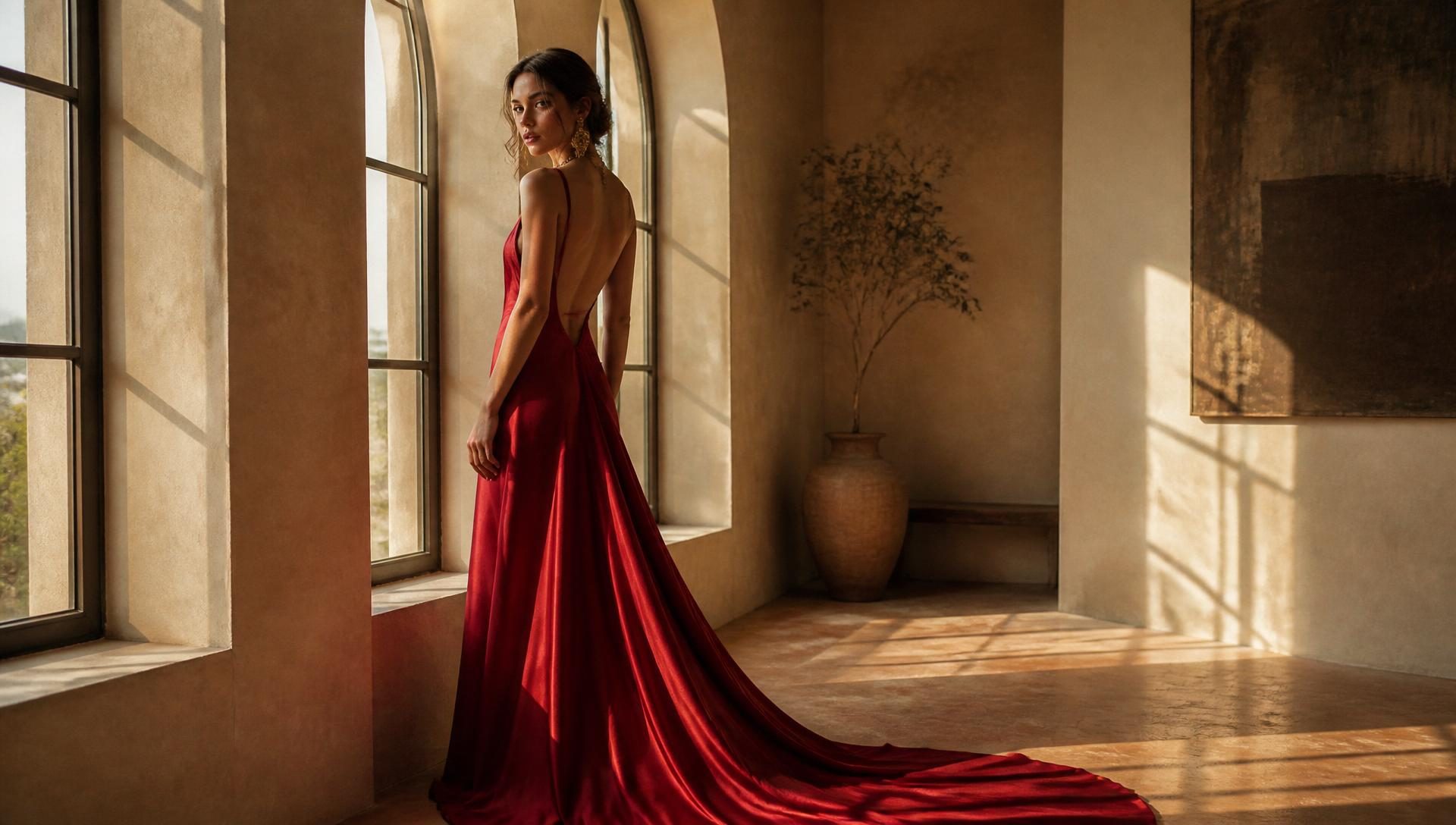 Scarlett Adele editorial spread — model in a flowing washable silk gown beside tall arched windows draped in sheer linen, soft California afternoon light.