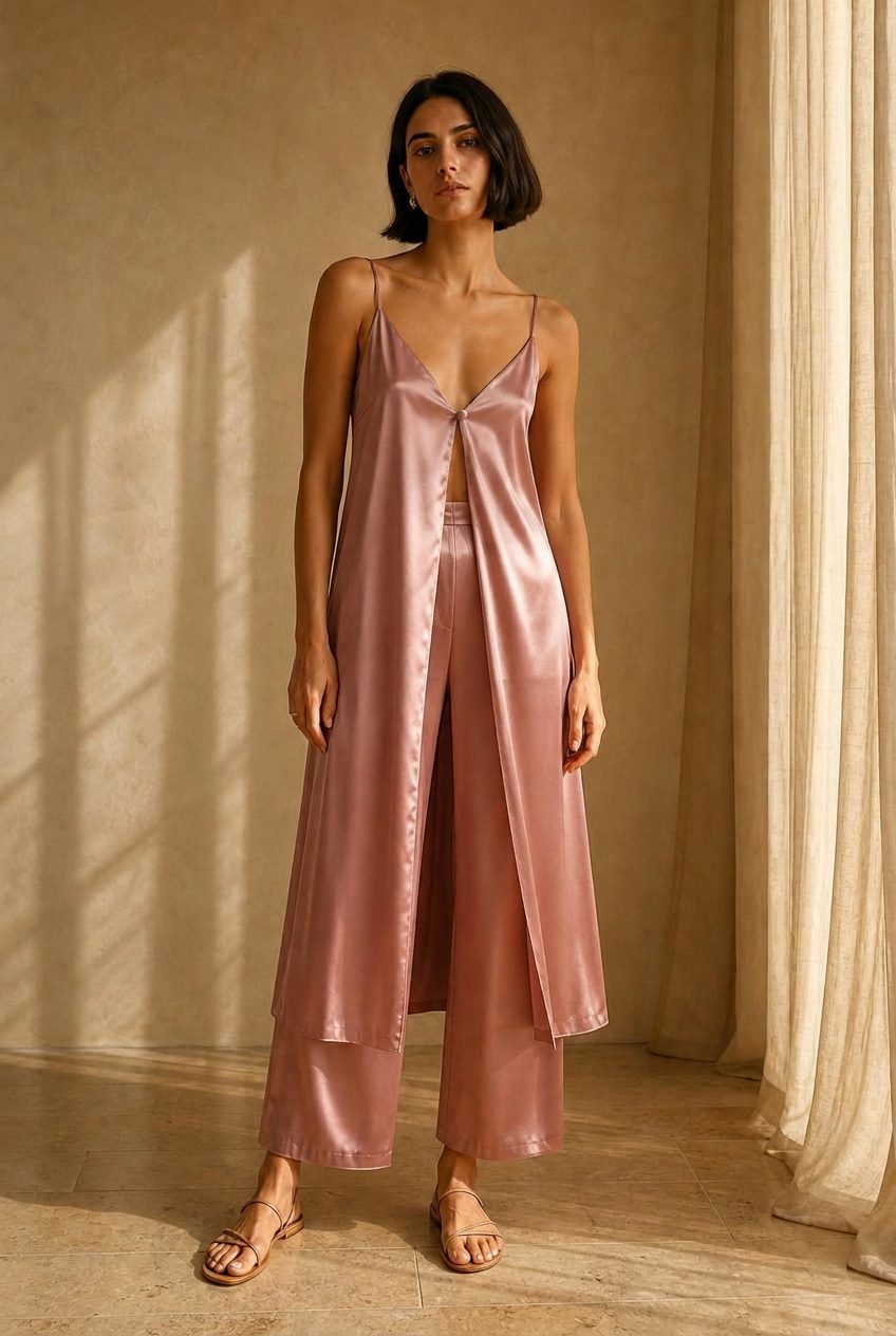 The Elodie Slip Set in Dusty Rose — Front — open slip layer over cropped wide-leg silk trousers. Washable mulberry silk dress by Scarlett Adele, designed in Australia and Los Angeles.
