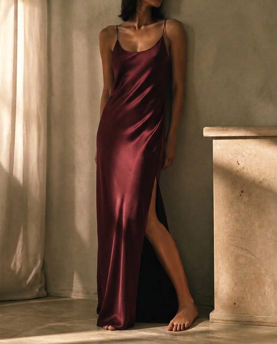 The Indira Column in Bordeaux — washable silk dress by Scarlett Adele.