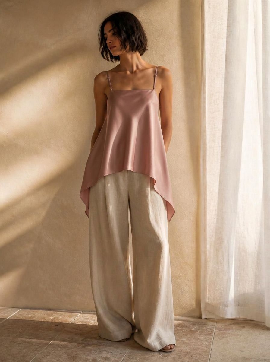 The Lila Silk Camisole in Dusty Rose — Front — square neck, handkerchief hem in dusty rose silk. Washable mulberry silk dress by Scarlett Adele, designed in Australia and Los Angeles.