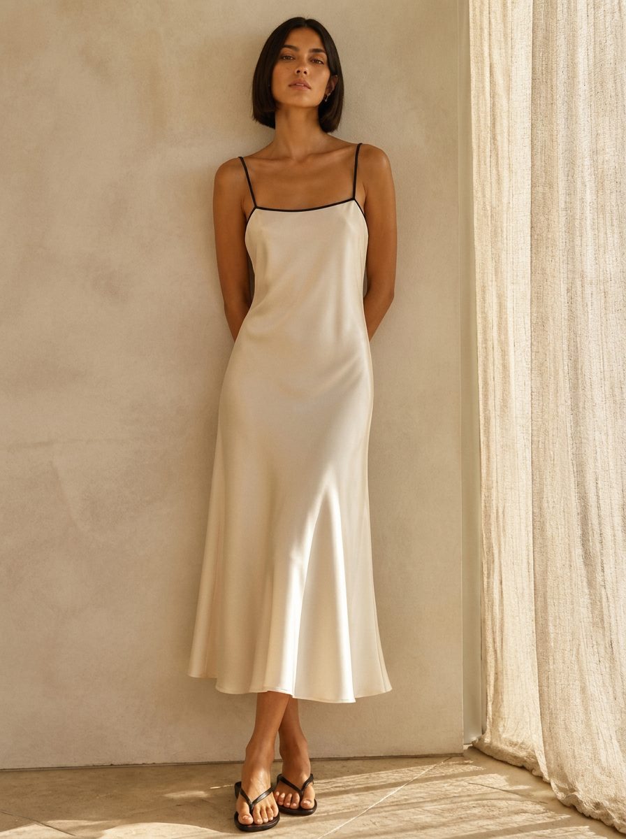 The Sylvie Lace-Back Midi in Ivory — Front — square neck bound in black. Washable mulberry silk dress by Scarlett Adele, designed in Australia and Los Angeles.