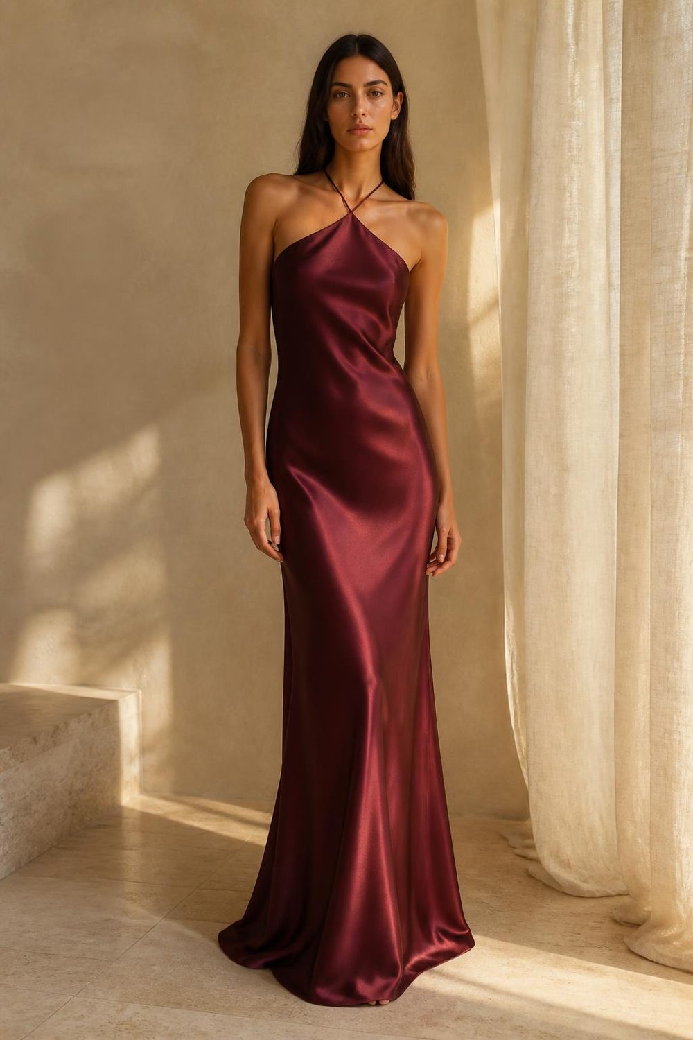The Thea Halter Gown in Bordeaux — Front — asymmetric halter bodice. Washable mulberry silk dress by Scarlett Adele, designed in Australia and Los Angeles.