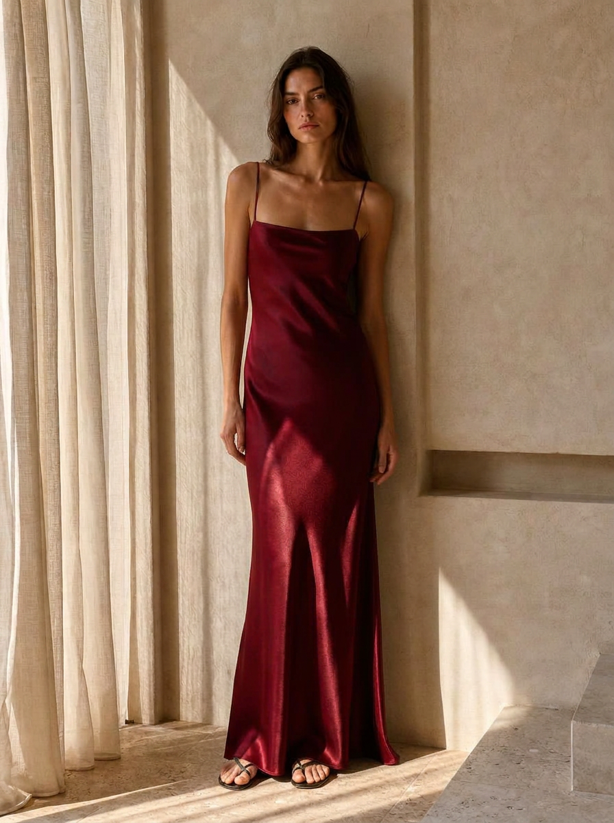 The Vera Bias Gown in Bordeaux — Front — straight neckline, fine straps. Washable mulberry silk dress by Scarlett Adele, designed in Australia and Los Angeles.