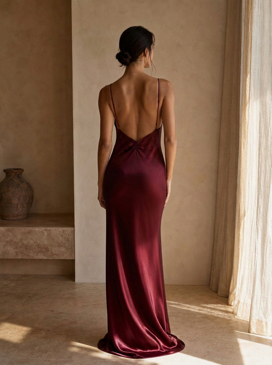 The Vera Bias Gown in Bordeaux — Back — deep open V, bias fall thumbnail